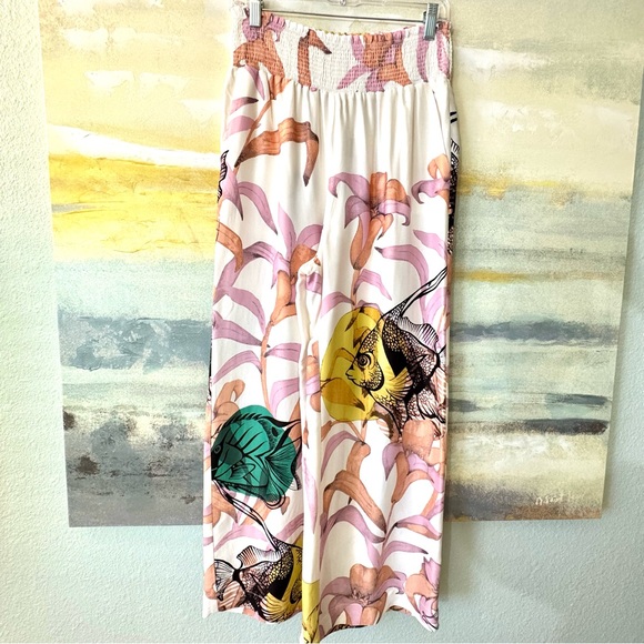 Anthro Maeve Pia Binazzi Smocked Floral Fish Wide-Leg Pants S - Picture 3 of 16